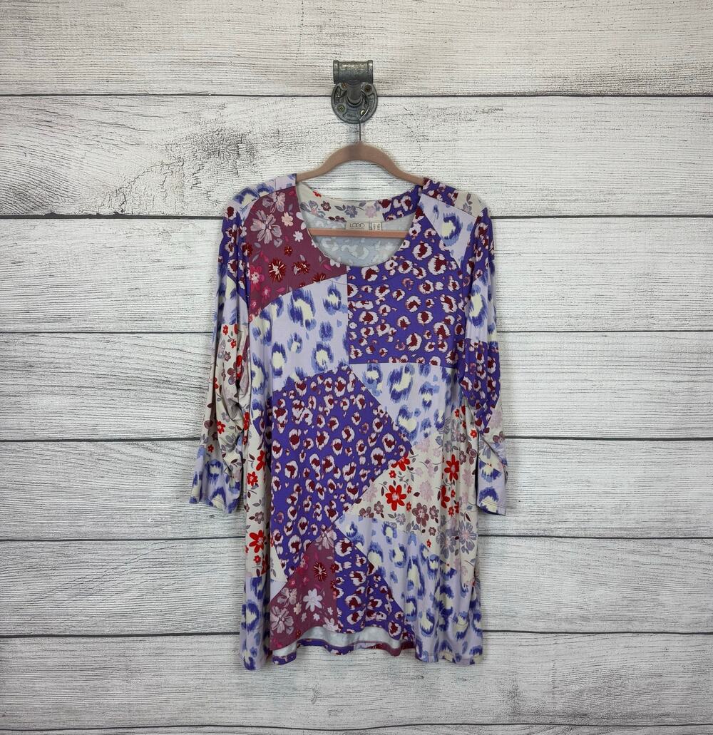 Logo Lori Goldstein Plus Size Purple Floral Leopard Patchwork Top Size 2X